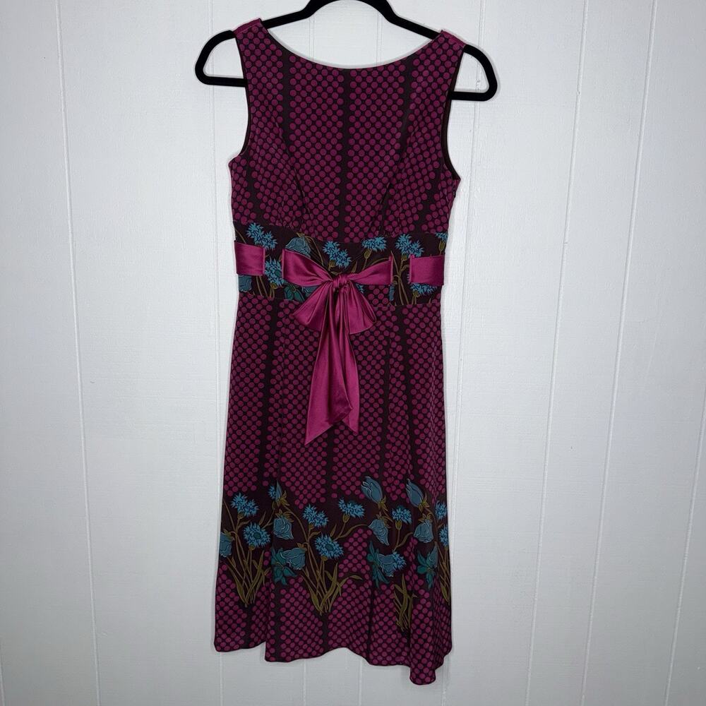 Kay Unger Women’s 100% Silk A Line Sleeveless Dress Polkadot Floral Magenta 2